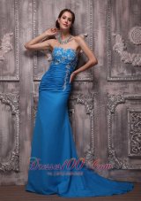 Fashion Blue Column Strapless Brush Train Chiffon Appliques Prom / Evening Dress