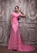 Fashion Rose Pink Empire V-neck Brush Train Chiffon Beading Prom / Evening Dress
