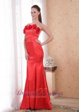 Fashion Coral Red Mermaid Strapless Court Train Satin Hand Made Flower Prom Dress
