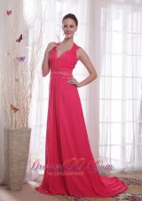 Fashion Coral Red Empire V-neck Brush /Sweep Beading Chiffon Prom/Party Dress