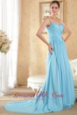 Fashion Aqua Column / Sheath Spaghetti Straps Brush Train Chiffon Beading and Ruch Prom / Evening Dress
