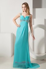 Fashion Aqua Blue Column Straps Brush Train Chiffon Beading Prom Dress