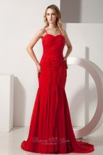 Fashion Red Mermaid Spaghetti Straps Brush Train Chiffon Ruch Prom Dress