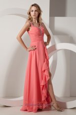 Fashion Watermelon Red Empire V-neck Floor-length Chiffon Beading Prom Dress