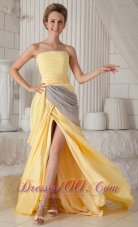 Fashion Yellow Empire Strapless Brush Train Elastic Woven Satin Ruch Prom / Celebrity Dress