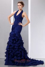 Fashion Beautiful Navy Blue Mermaid Halter Prom Dress Court Train Chiffon Ruch and Ruffles