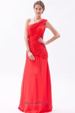 Fashion Red Column / Sheath One Shoulder Prom Dress Chiffon Ruch Floor-length