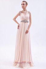Fashion Pink Empire Straps Prom Dress Chiffon Beading Brush Train
