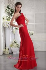 Fashion Red Column One Shoulder Floor-length Chiffon Beading and Ruch Prom / Evening Dress