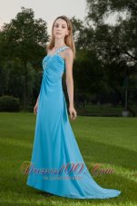 Fashion Baby Blue Empire One Shoulder Brush Train Chiffon Appliques and Ruch Prom / Celebrity Dress