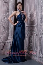 Fashion Navy Blue Prom Dress For Custom Made Column Halter Brush Train Elastic Woven Satin Beading