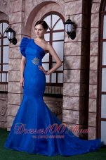 Fashion Classical Royal Blue Mermaid Evening Dress One Shoulder Beading Satin and Organza Beading