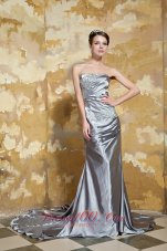 Fashion Grey Column Strapless Court Train Silk Like Satin Beading Prom Dress