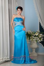 Fashion Custom Made Teal Column / Sheath Strapless Prom Dress Satin Beading Brush Train