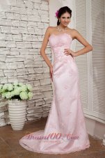 Fashion Elegant Baby Pink Prom Dress Column Sweetheart Beading Brush Train Lace