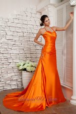 Fashion Customize Orange Red A-line Straps Prom / Evening Dress Elastic Woven Satin Beading Brush Train