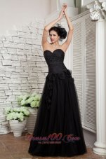 Fashion Modest Black Empire Little Black Dress Beading and Hand Made Flowers Sweetheart Tulle Floor-length