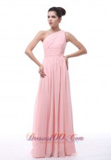 Formal Ruched and Beading Decorate Bodice Light Pink Chiffon One Shoulder Floor-length 2013 Bridesmaid Dress