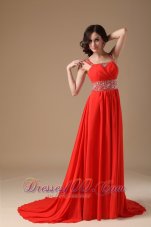 Formal Gorgeous Red Evening Dress A-line Straps Chiffon Beading Court Train