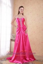 Formal Hot Pink Empire Sweetheart Sweep / Brush Train Taffeta Beading Prom Dress