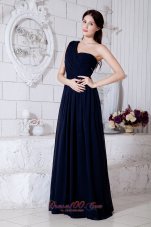 Formal Navy Blue Empire One Shoulder Beading Prom / Evening Dress Brush Train Chiffon