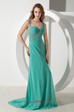 Formal Green Column Straps Brush Train Chiffon Beading Prom Dress