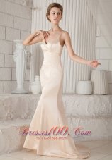 Formal Elegant Sheath / Column Spaghetti Straps Brush Train Elastic Woven Satin Prom Dress