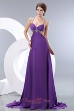 Formal Classical Purple Empire Straps Evening Dress Elastic Woven Satin Beading Brush Train