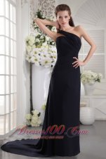 Formal Black Column One Shoulder Brush Train Chiffon Ruch Prom / Graduation Dress