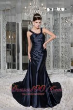 Formal Modest Navy Blue Empire Prom / Evening Dress Scoop Taffeta Beading Brush Train