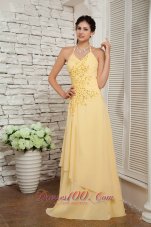 Formal Classical Light Yellow Evening Dress Empire Halter Chiffon Appliques Brush Train