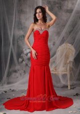 Celebrity Elegant Red Mermaid / Trumpet Evening Dress Sweetheart Chiffon Beading Court Train