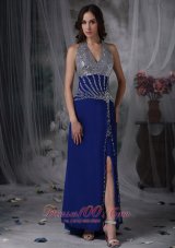 Celebrity Customize Peacock Blue Column Halter Evening Dress Chiffon Beading Floor-length