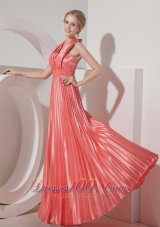 Celebrity Customize Watermelon Red Evening Dress Column Halter Elastic Woven Satin Beading Floor-length