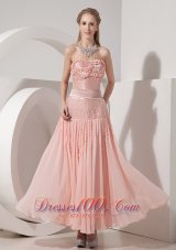 Celebrity Customize Light Pink Evening Dress Column Strapless Chiffon and Taffeta Beading Ankle-length