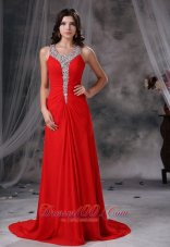 Celebrity Grinnell Iowa Beaded Decorate Scoop Neckline and Bust Brush Train Red Chiffon Exclusive Style For 2013 Prom / Evening Dress