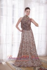 Celebrity Sexy Empire High-neck Brush Train Leopard Beading Prom Dress