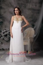 Celebrity Modest Column V-neck Wedding Dress Chiffon Beading Brush Train