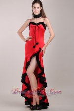Celebrity Red and Black Column Straps High-low Beading Prom Dress