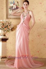 Celebrity Watermelon Column Halter Chapel Train Chiffon Beading and Ruch Prom / Graduation Dress