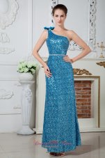 Celebrity Teal Column One Shoulder Ankle-length Sequin Beading Prom Dress