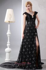Celebrity Black A-line V-neck Chapel Train Lace Beading Prom Dress