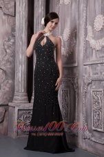 Celebrity Lovely Black Column Evening Dress Halter Elastic Woven Satin Beading Brush Train