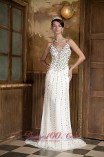 Celebrity White Column Straps Brush Train Chiffon Beading Prom Dress