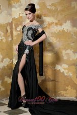 Celebrity Black Column One Shoulder Chapel Train Chiffon Beading Prom Dress