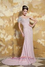 Celebrity Light Pink Column One Shoulder Brush Train Chiffon Beading Prom Dress