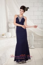 Celebrity Affordable Navy Blue Column Evening Dress V-neck Chiffon Beading Ankle-length