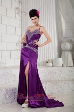 Celebrity Custom Made Eggplant Purple Empire Evening Dress One Shoulder Taffeta Beading Brush Train