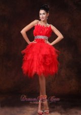 Red Feather Tulle Beaded Decorate Waist A-line Customize Cocktail Dress With Strapless For 2013  Cocktail Dress