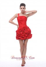 One Shoulder Hand Made Flowers With Beading Ruch Mini-length Red 2013 Prom / Cocktail Dress  Cocktail Dress